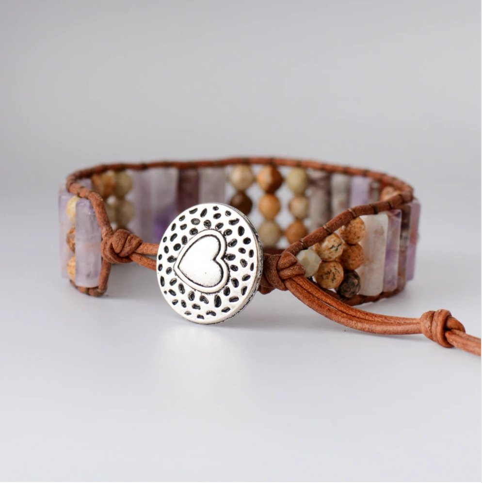 Natural Gemstone Amethyst & Jasper Beaded Wrap Leather Oblong Cuff Bracelet - Egret Jewellery