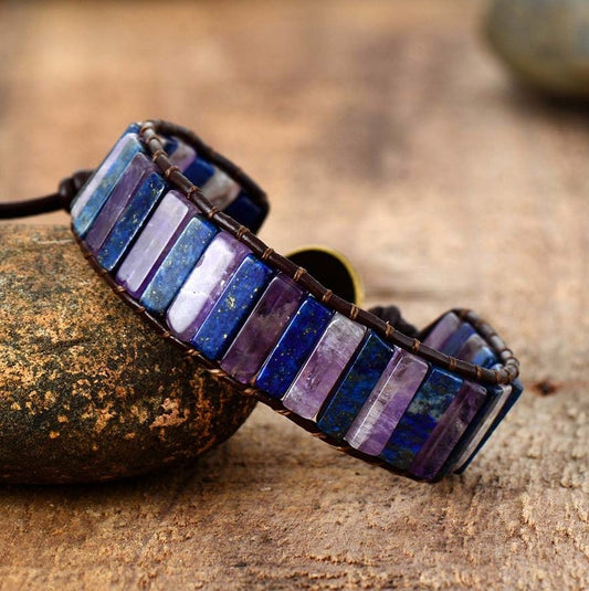Natural Gemstone Oblong Wrap | Cuff Bracelet Amethyst | Lapis Lazuli | Leather - Egret Jewellery