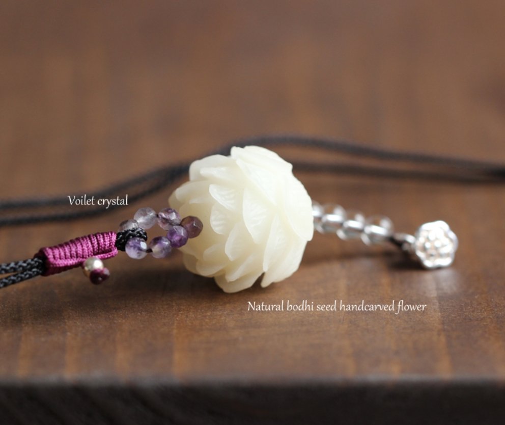 Natural Amethyst Lucky Lotus - Rope Bodhi Seed Necklace - Egret Jewellery
