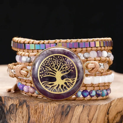 Natural Amethyst | Tila Beads | Quartz | Steel Beaded Tree of Life Wrap Bracelet - Egret Jewellery