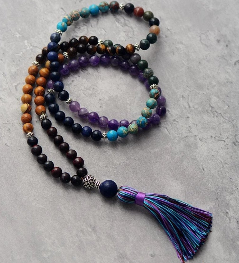 Amethyst & Turquoise Purple Mala Beaded Necklace open - Egret Jewellery