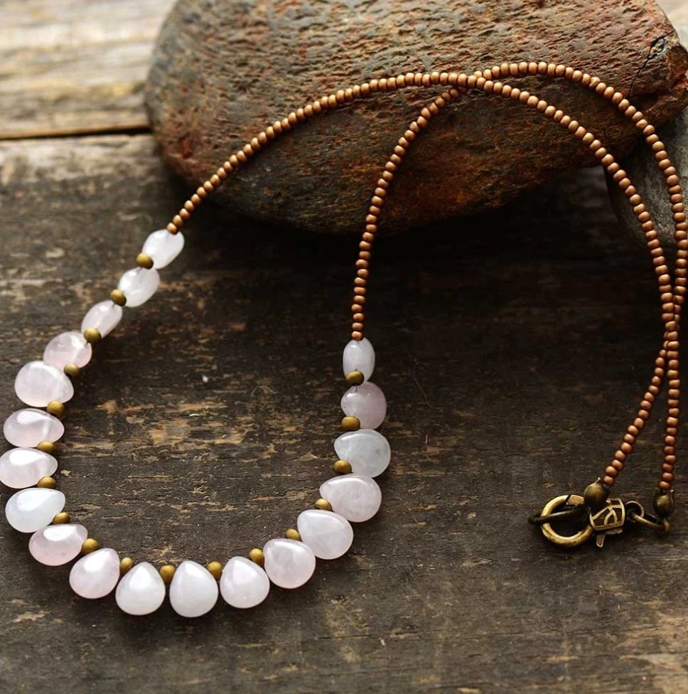 Beaded Rose Quartz Teardrop Necklace - Egret Jewellery