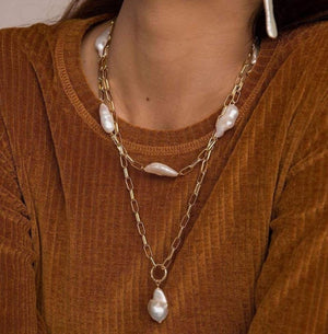 "Birth of Venus" Gold Link Chain Pearl Choker -Layered with another necklace