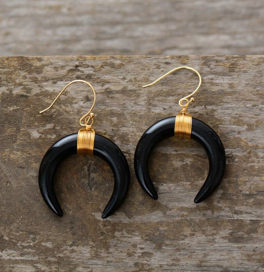 Boho Large Black Agate Double Horn Gold Drop Earrings - Egret Jewellery