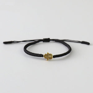 Men's Black Cord Hamsa Hand Charm Gold Lucky Stacking Bracelet Adjustable - Egret Jewellery