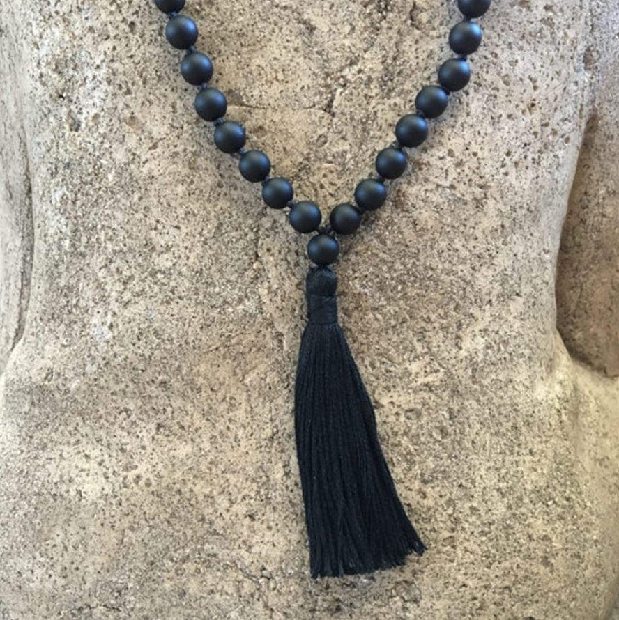 Natural Gemstone Men's Long Beaded Mala Necklace Black Matt Onyx Tassel - Egret Jewellery