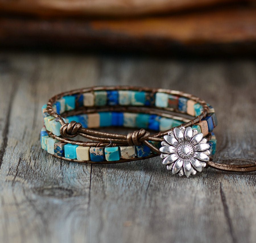 Blue Agate Leather Beaded Friendship Wrap Bracelet - Egret Jewellery