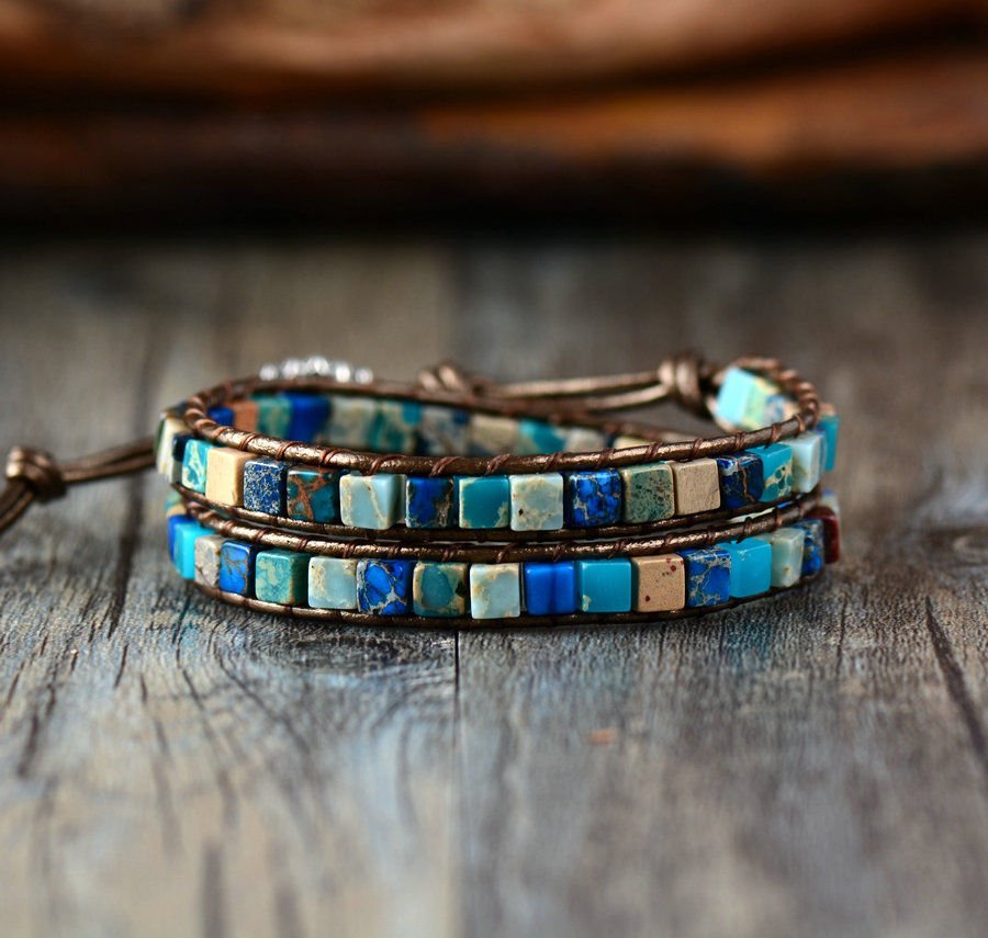 Blue Agate Leather Beaded Friendship Wrap Bracelet - Egret Jewellery