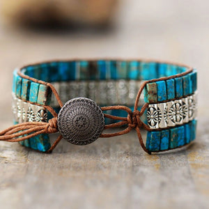 Vegan Natural Beaded Oblong Blue Impression Jasper Wrap | Cuff Cord Bracelet - Egret Jewellery