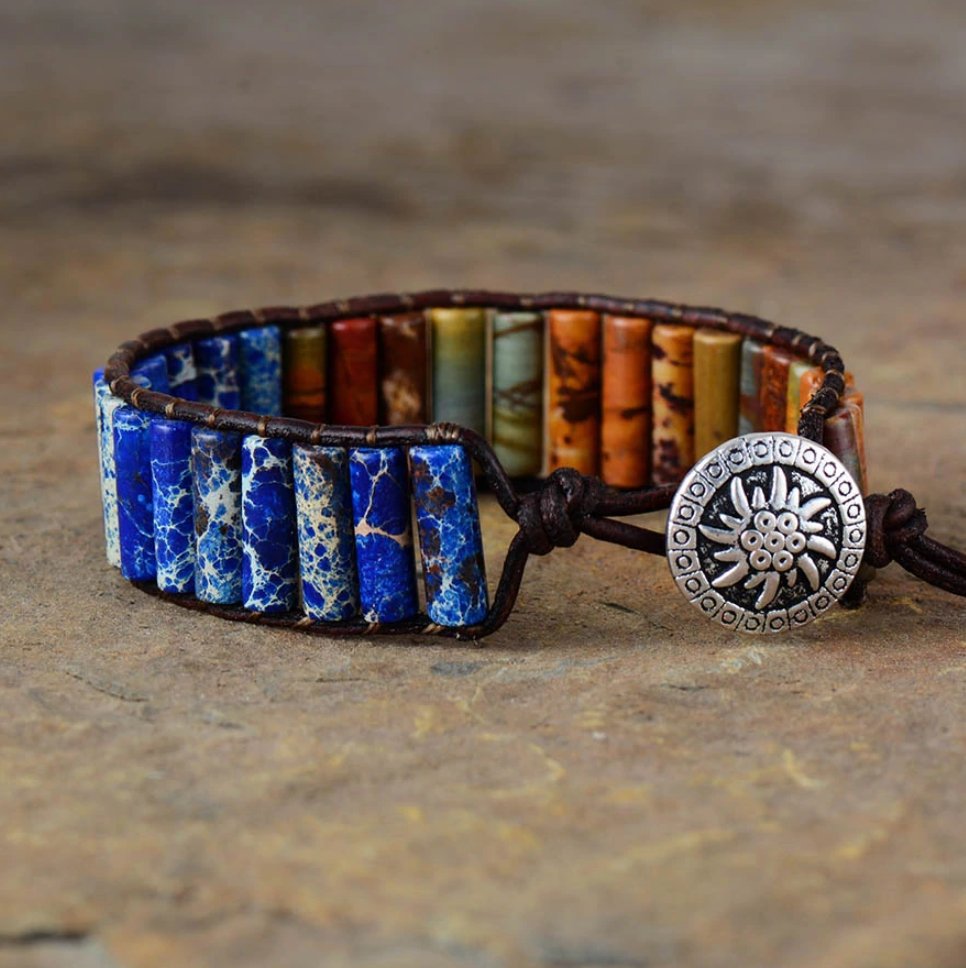 Natural Beaded Oblong Blue Impression Jasper Wrap | Cuff Leather Bracelet - Egret Jewellery
