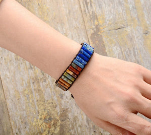 Natural Beaded Oblong Blue Impression Jasper Wrap | Cuff Leather Bracelet - Egret Jewellery