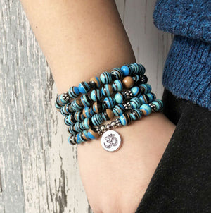 Blue Malachite Beaded Wrap Bracelet, Mala Beads OM Necklace - Egret Jewellery