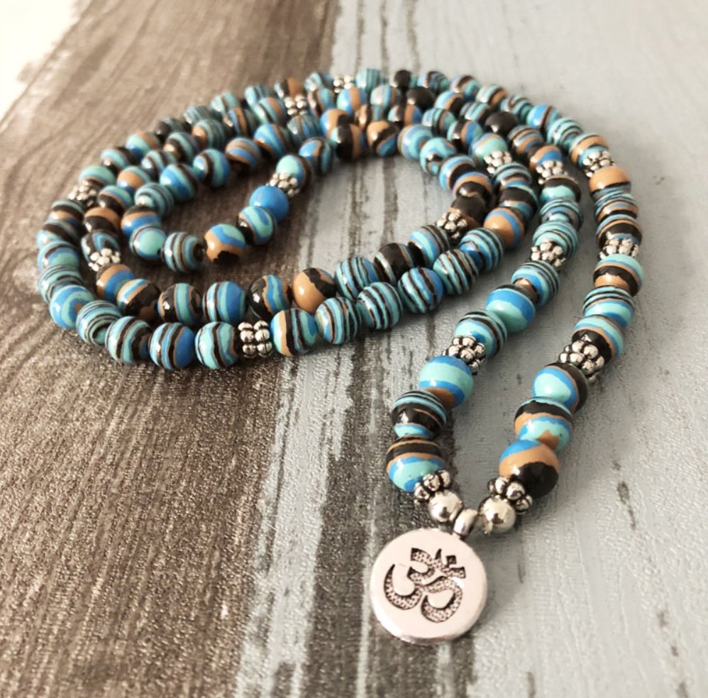 Blue Malachite Beaded Wrap Bracelet, Mala Beads OM Necklace - Egret Jewellery