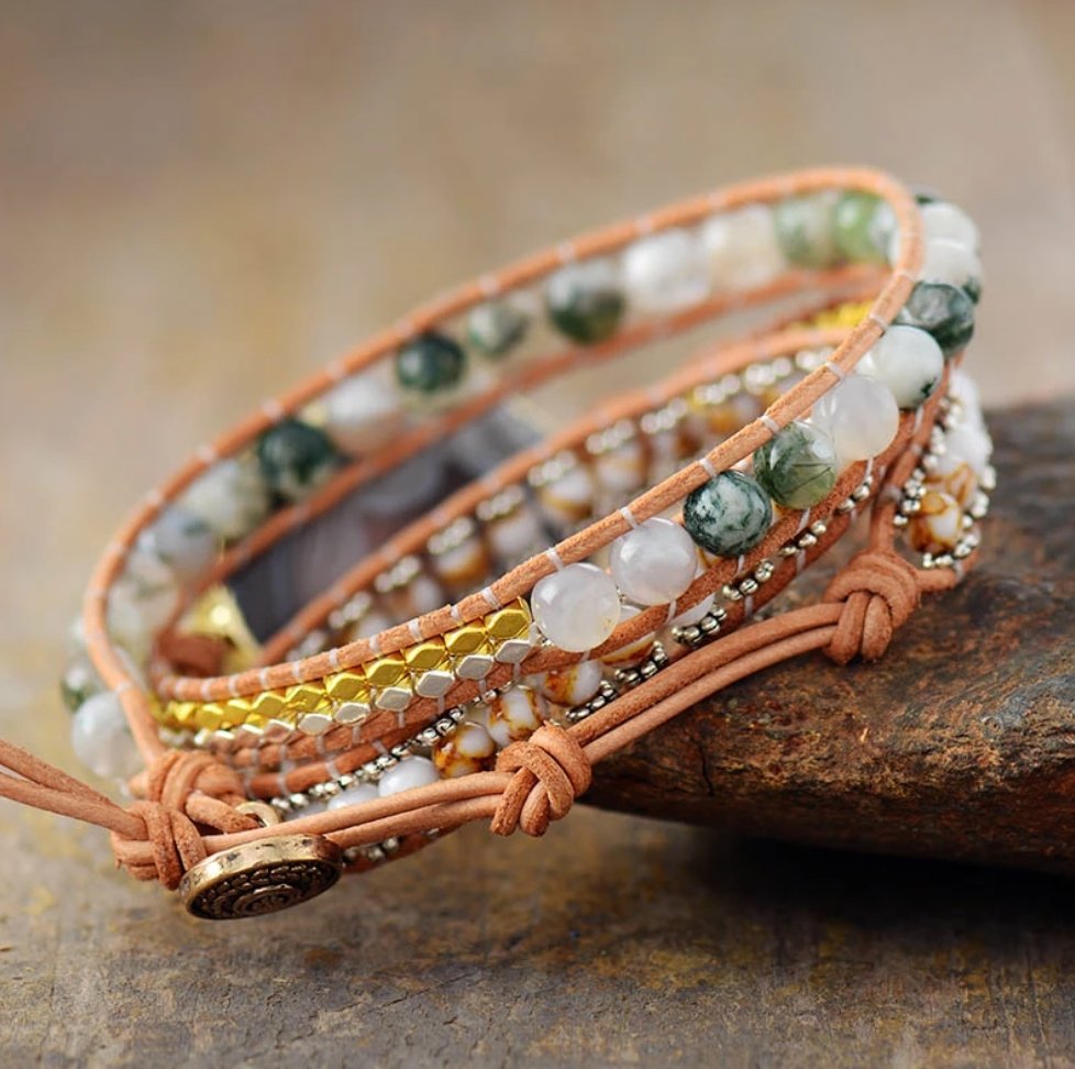 Natural Botswana Onyx Geode Moss Agate Beads Beaded Leather Cuff Wrap Bracelet - Egret Jewellery