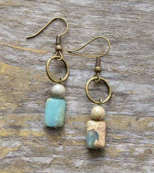 Square Bronze Natural Amazonite Stone Drop Earrings - Egret Jewellery