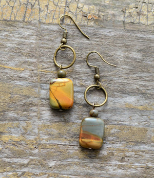 Square Bronze, Jasper & Agate Natural Stone Drop Earrings - Egret Jewellery