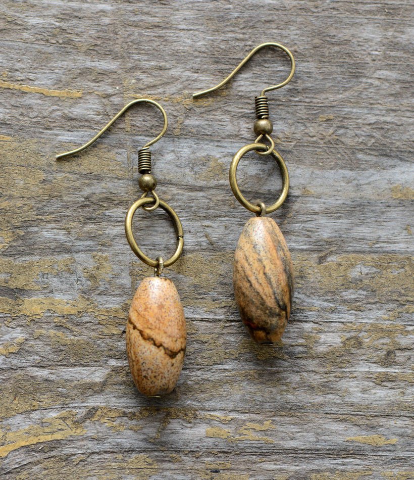 Bronze Pear Cabochon Jasper Drop Earrings - Egret Jewellery