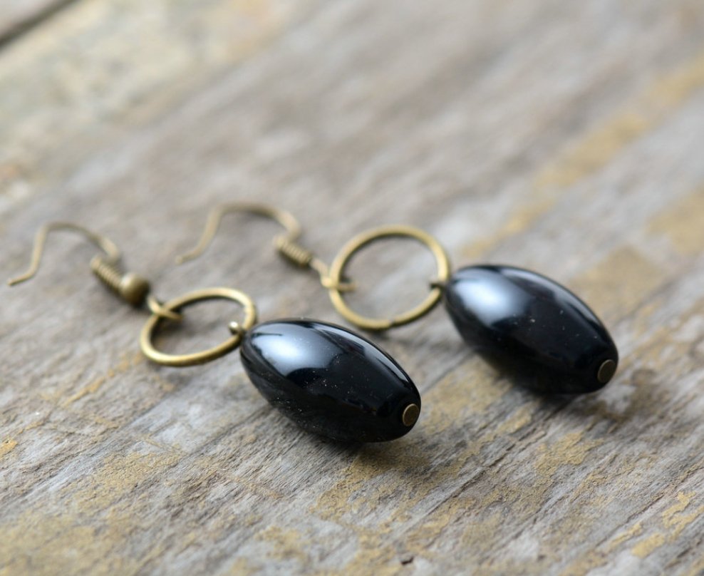 Bronze Pear Cabochon Onyx Dangle Drop Earrings - Egret Jewellery