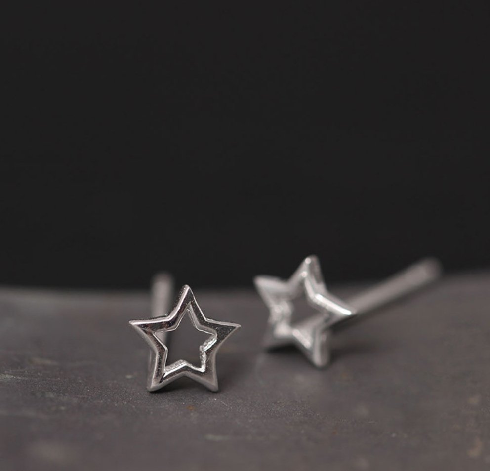Brushed Sterling Silver Hallow Star Stud Earrings - Egret Jewellery