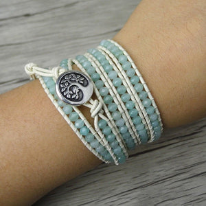 Natural Gemstone Beaded Aqua Chalcedony Leather Wrap Bracelet Pale Blue - Egret Jewellery