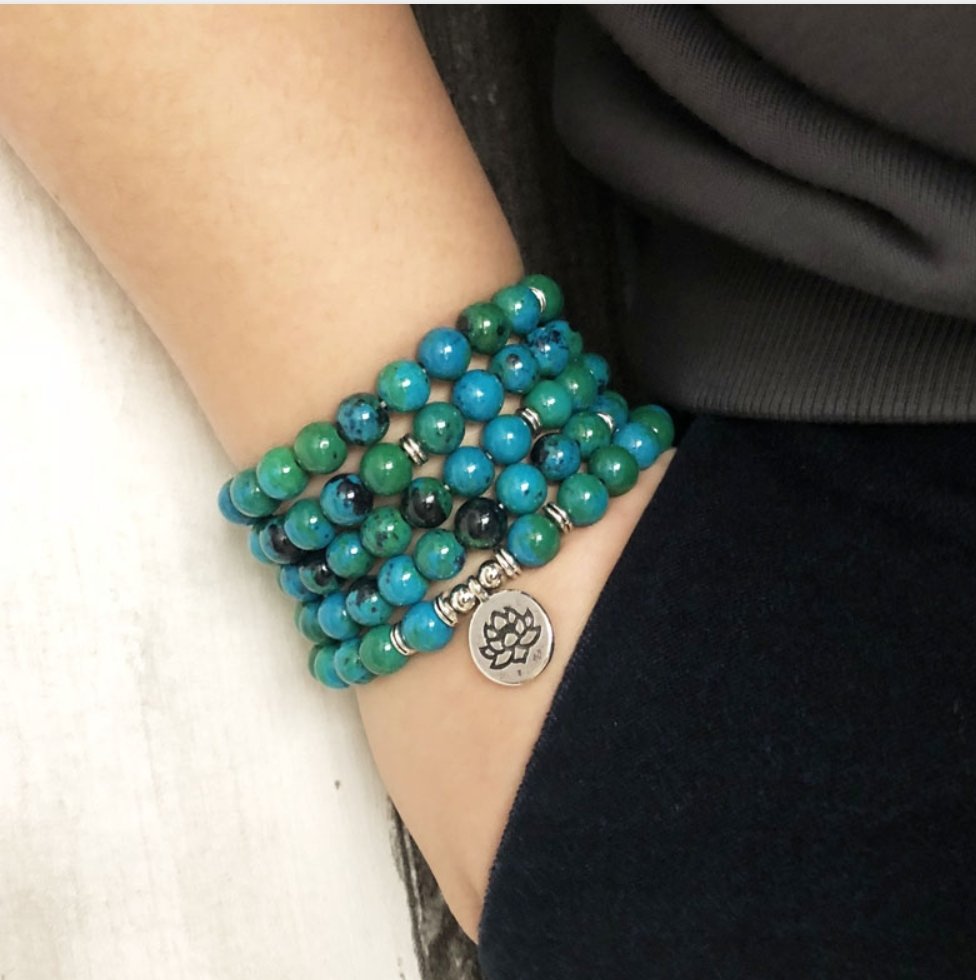 Chrysocolla Beaded Bracelet Wrap, Mala Beads Lotus Necklace - Egret Jewellery