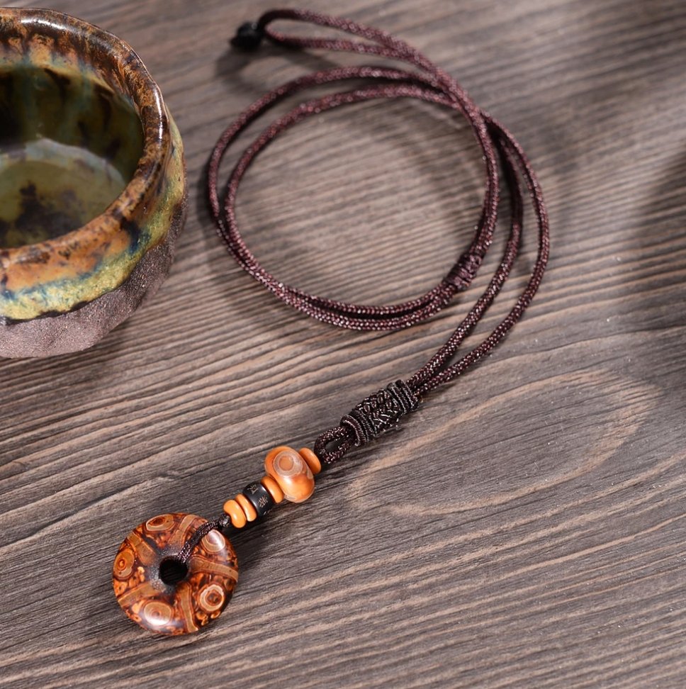 Men's Coconut Tibetan Dzi Eye Buddhist OM Mantra Necklace Rope Brown Pendant - Egret Jewellery