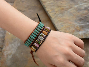 Leather Natural Dalmatian Jasper Oblong Beaded Cuff | Wrap Bracelet - Egret Jewellery