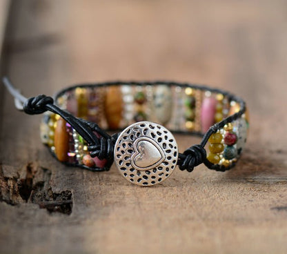 Leather Natural Dalmatian Jasper Oblong Beaded Cuff | Wrap Bracelet - Egret Jewellery