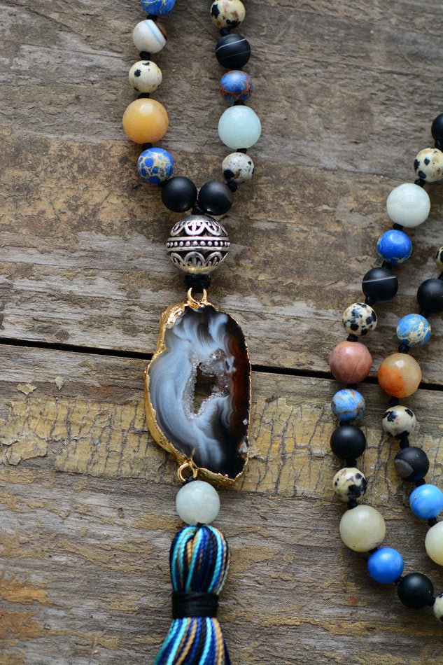 Boho Druzy Dalmatian Jasper Beaded Tassel Mala Necklace Jade Geode - Egret Jewellery