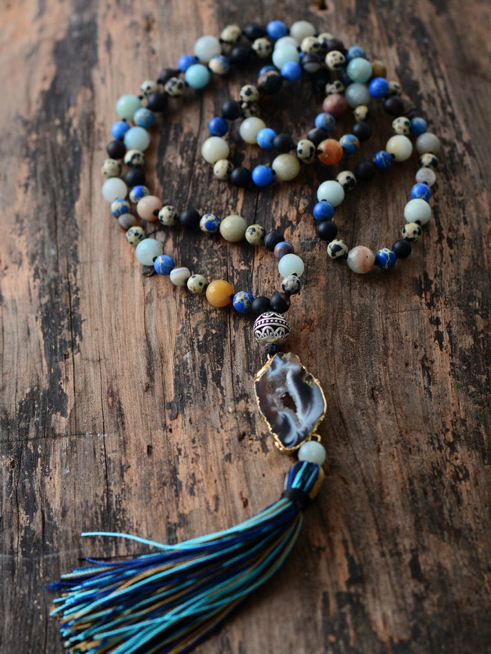Boho Druzy Dalmatian Jasper Beaded Tassel Mala Necklace Jade Geode - Egret Jewellery