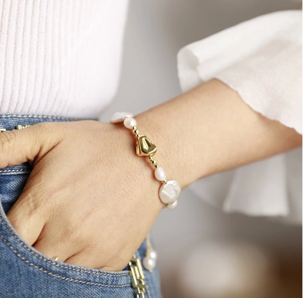"Deep Peace" Gold Baroque Pearls Adjustable Ball Chain Bracelet - Egret Jewellery