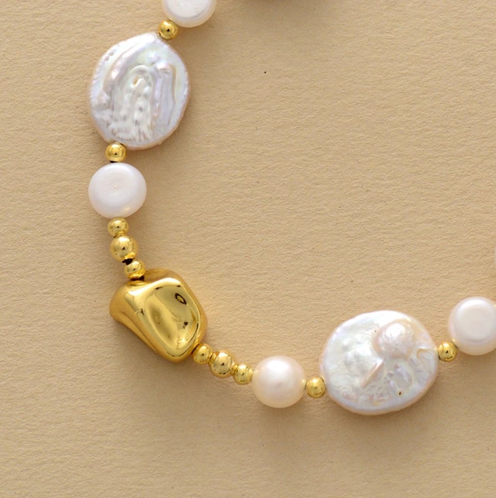 "Deep Peace" Gold Baroque Pearls Adjustable Ball Chain Bracelet - Egret Jewellery