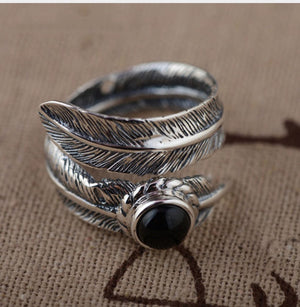 925 Sterling Silver Adjustable Feather Ring Leaf Onyx Stone - Egret Jewellery