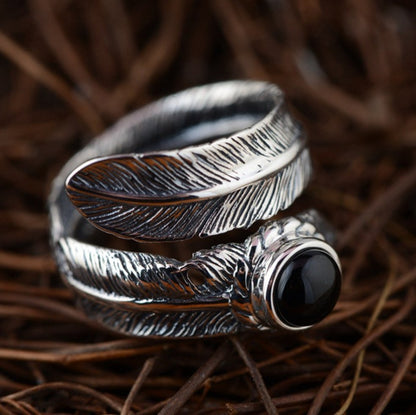 925 Sterling Silver Adjustable Feather Ring Leaf Onyx Stone - Egret Jewellery