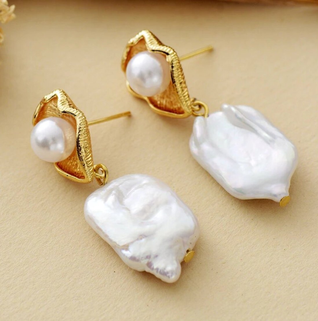 Freshwater Gold Baroque Pearl Dangle Earrings - Egret Jewellery