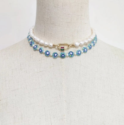 Freshwater Pearl & Blue Resin Flower Choker - Egret Jewellery