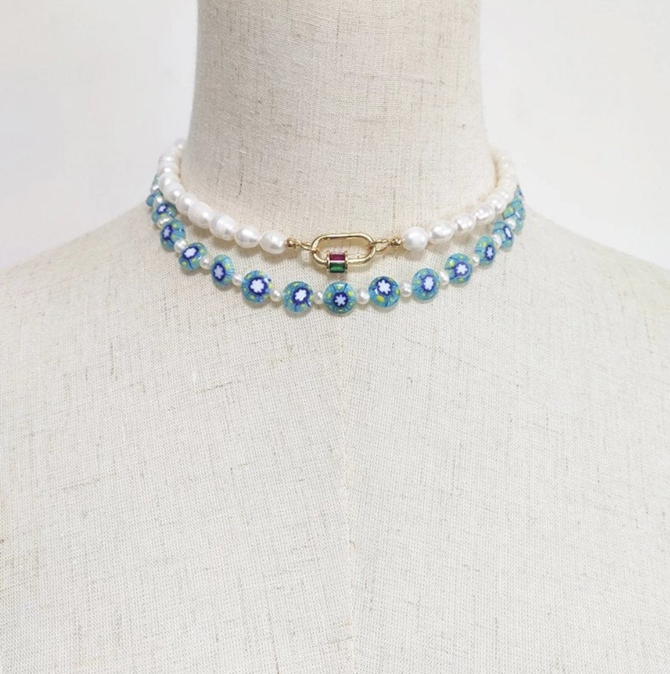 Freshwater Pearl & Blue Resin Flower Choker - Egret Jewellery