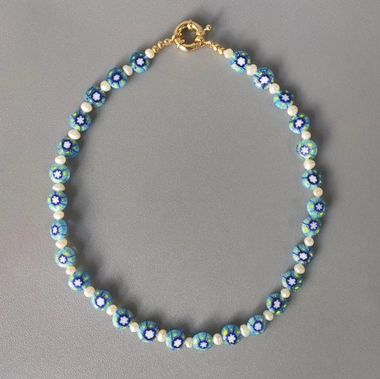 Freshwater Pearl & Blue Resin Flower Choker - Egret Jewellery