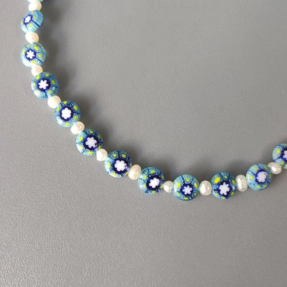 Freshwater Pearl & Blue Resin Flower Choker - Egret Jewellery