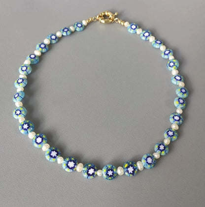 Freshwater Pearl & Blue Resin Flower Choker - Egret Jewellery