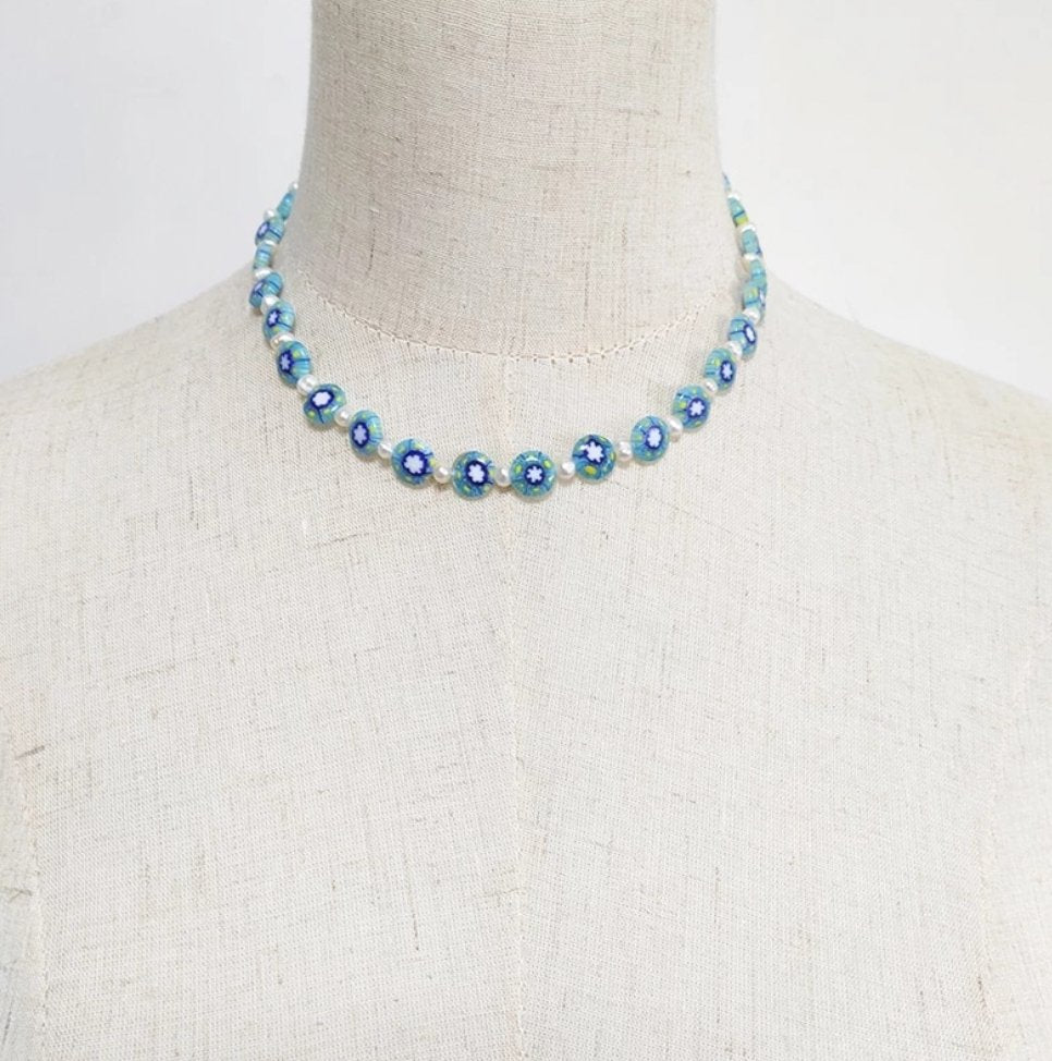 Freshwater Pearl & Blue Resin Flower Choker - Egret Jewellery