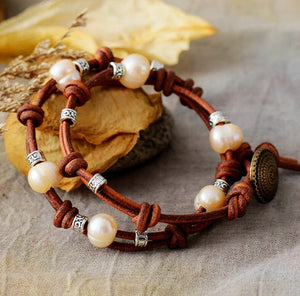 Freshwater White Pearl Leather Wrap Bracelet | Choker - Egret Jewellery