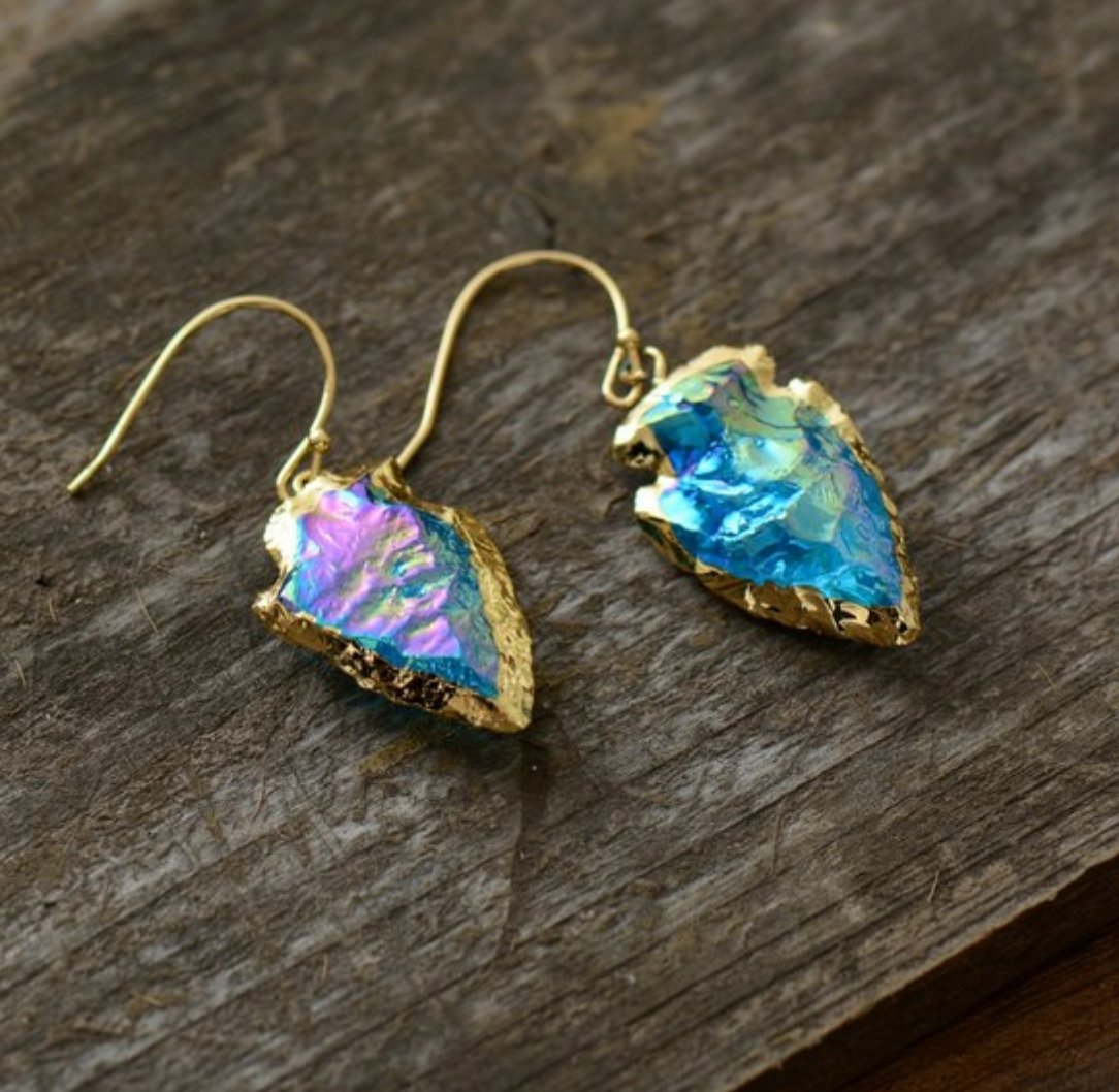 Natural Rough Raw Aura Quartz Earrings Gold Boho Druzy Geode Arrowhead Blue - Egret Jewellery