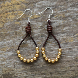 Boho Gold Beaded Brown Leather Rope Drop Earrings - Egret Jewellery