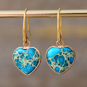 Gold-Plated Blue Impression Jasper Heart Earrings - Egret Jewellery