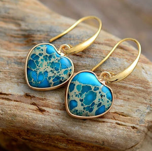Gold-Plated Blue Impression Jasper Heart Earrings - Egret Jewellery