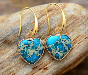 Gold Blue Impression Jasper Heart Earrings - Egret Jewellery