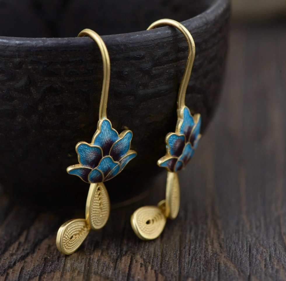 Gold Dipped Sterling Silver Lotus Flower Enamel Drop Earrings - Egret Jewellery