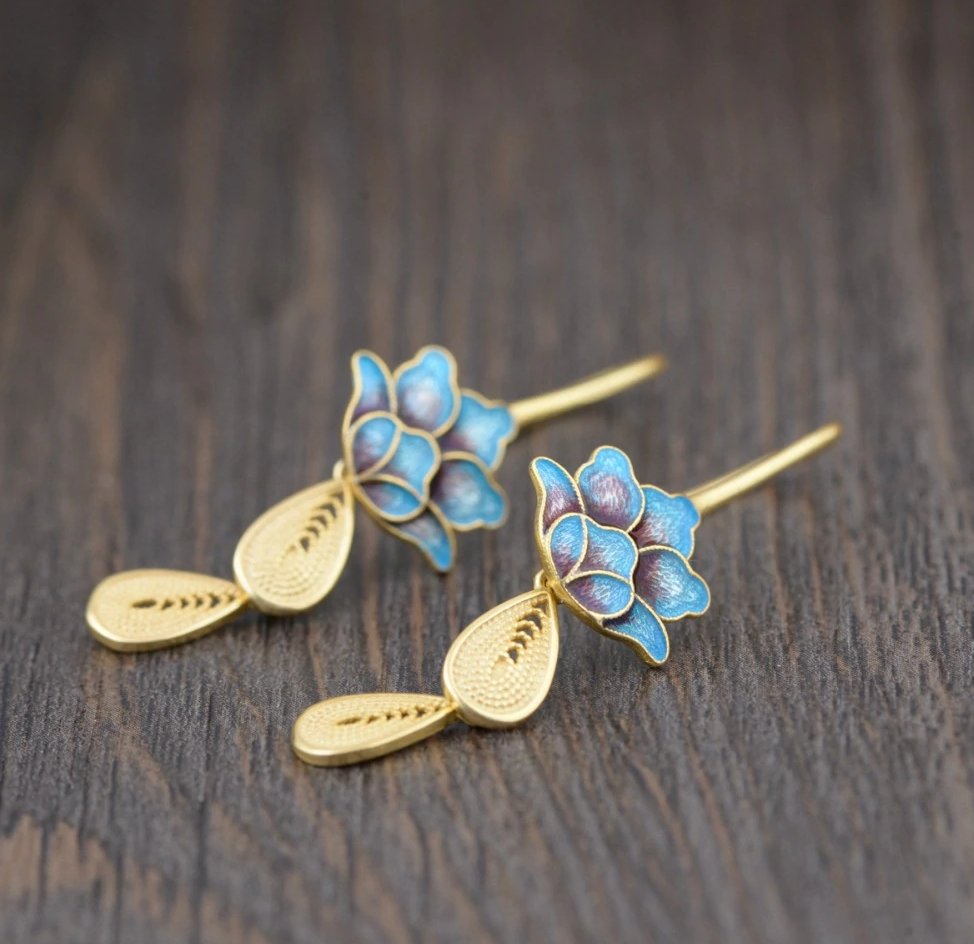 Gold Dipped Sterling Silver Lotus Flower Enamel Drop Earrings - Egret Jewellery