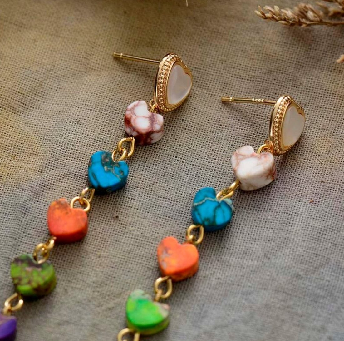 Gold-Plated Multi-Coloured Impression Jasper Heart Earrings - Egret Jewellery